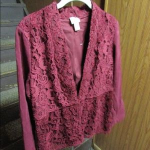 🎉HPChico’s Lace & Faux Suede Burgundy Jacket 🎉HP